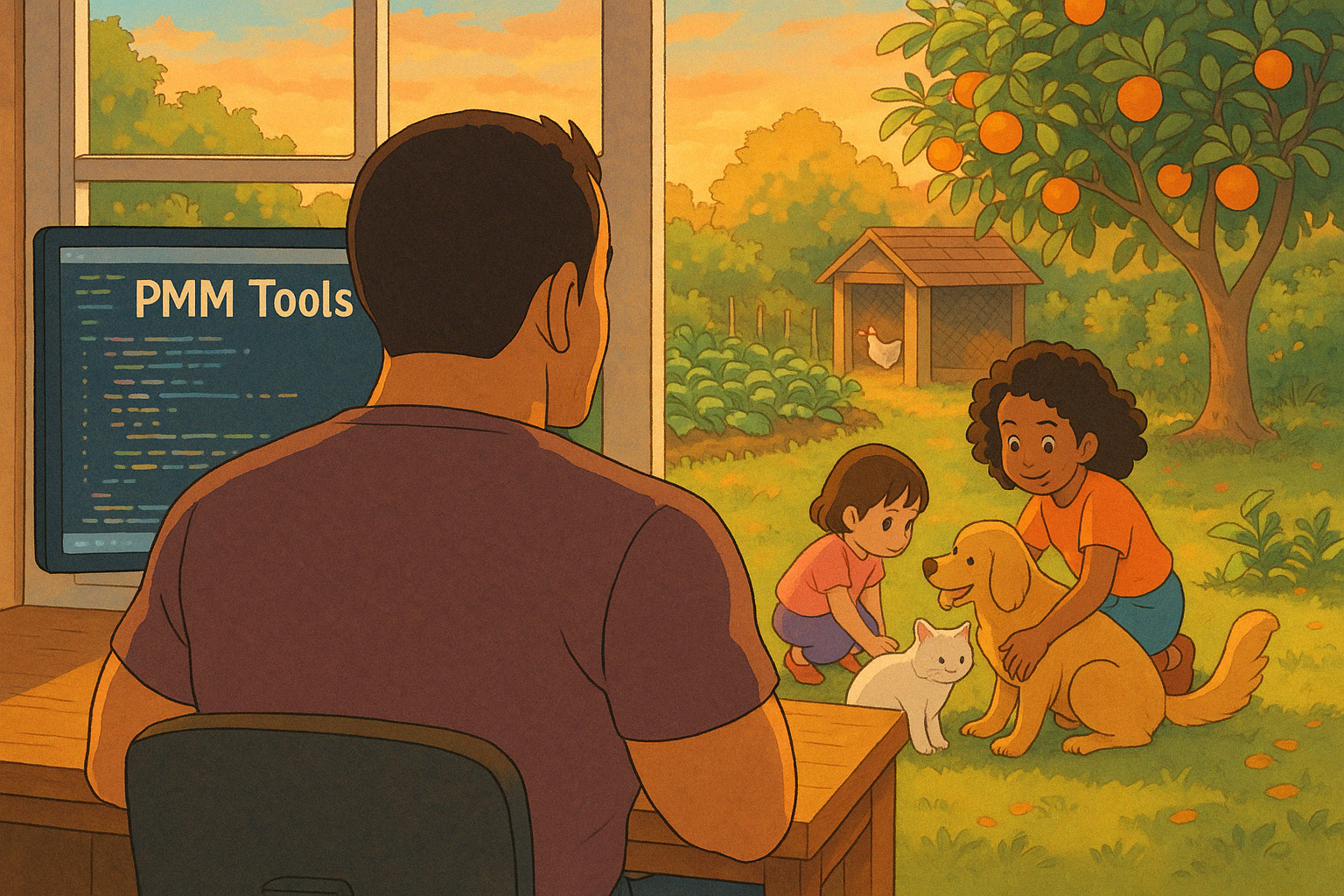 Illustration of Edgar building PMM Tools while his family and pets play in the garden outside.