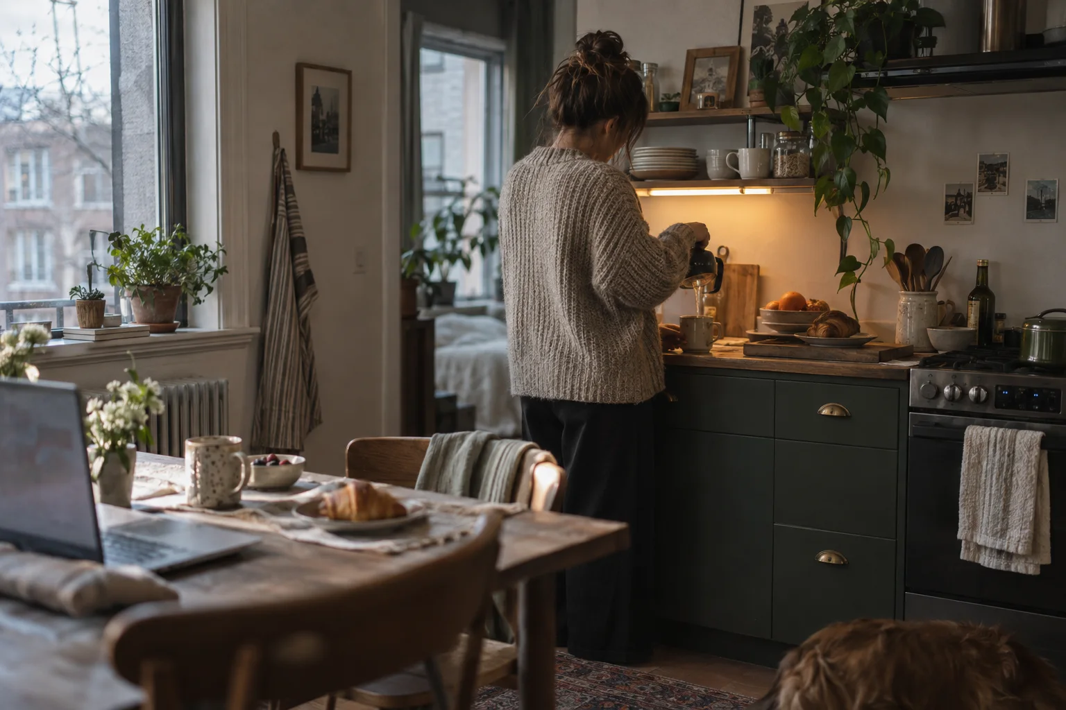 A product marketer prepares breakfast while a laptop rests on the nearby table.
