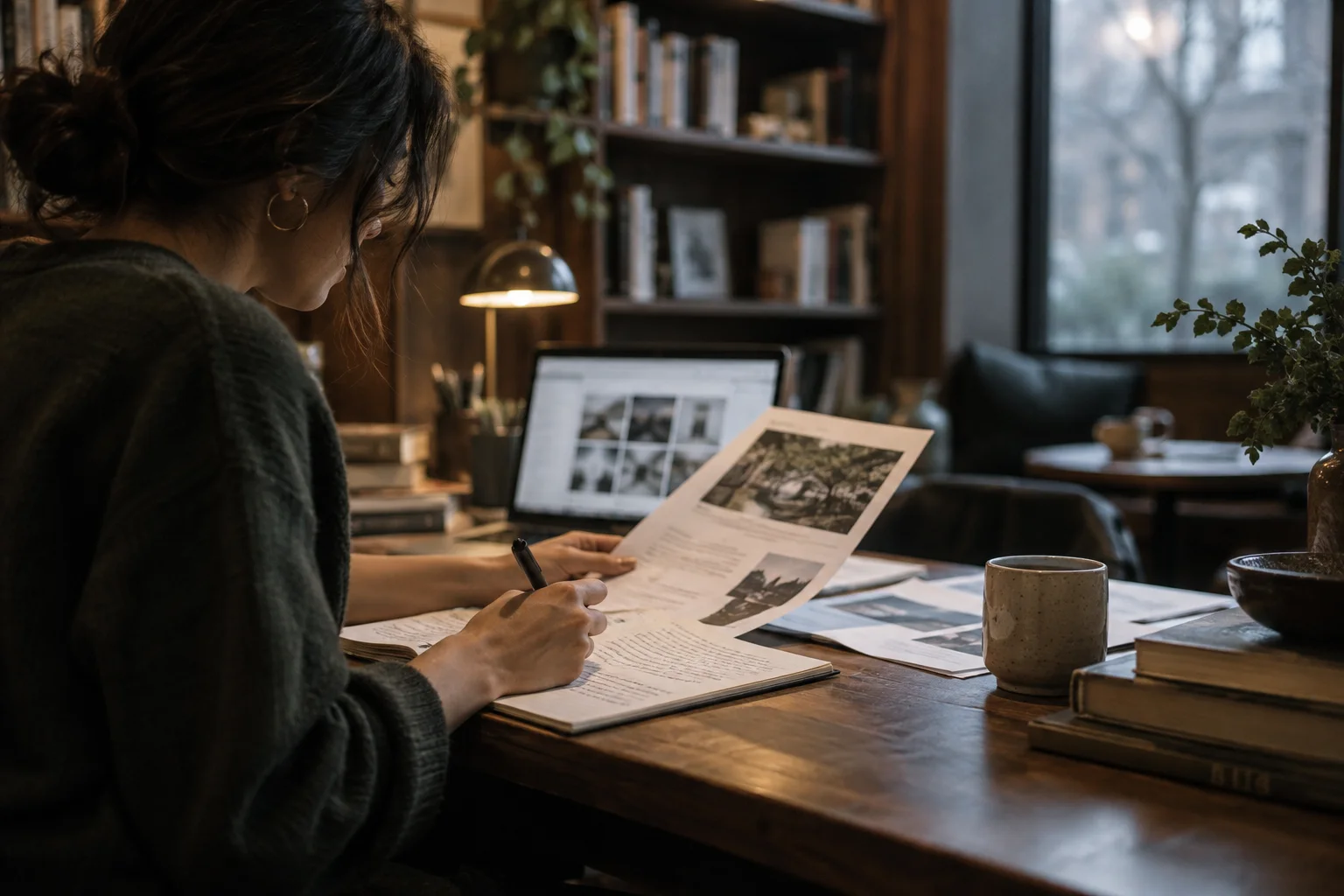 A product marketer reviews printed source material in a quiet reading room.
