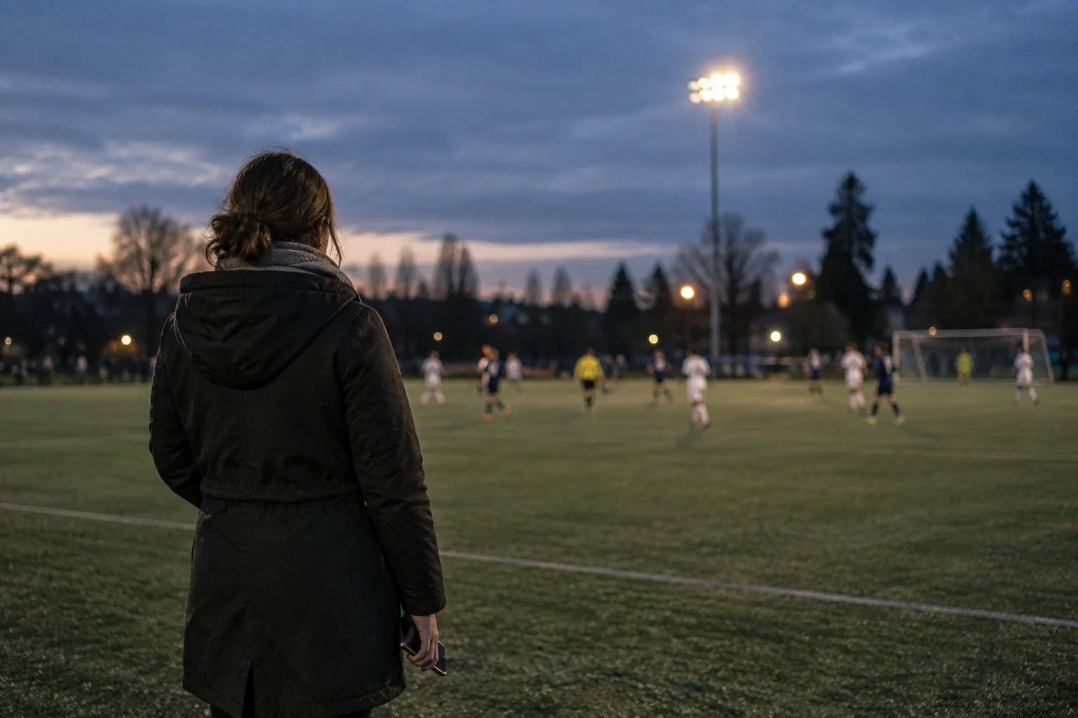 A parent watches an evening soccer game with a phone lowered at their side.