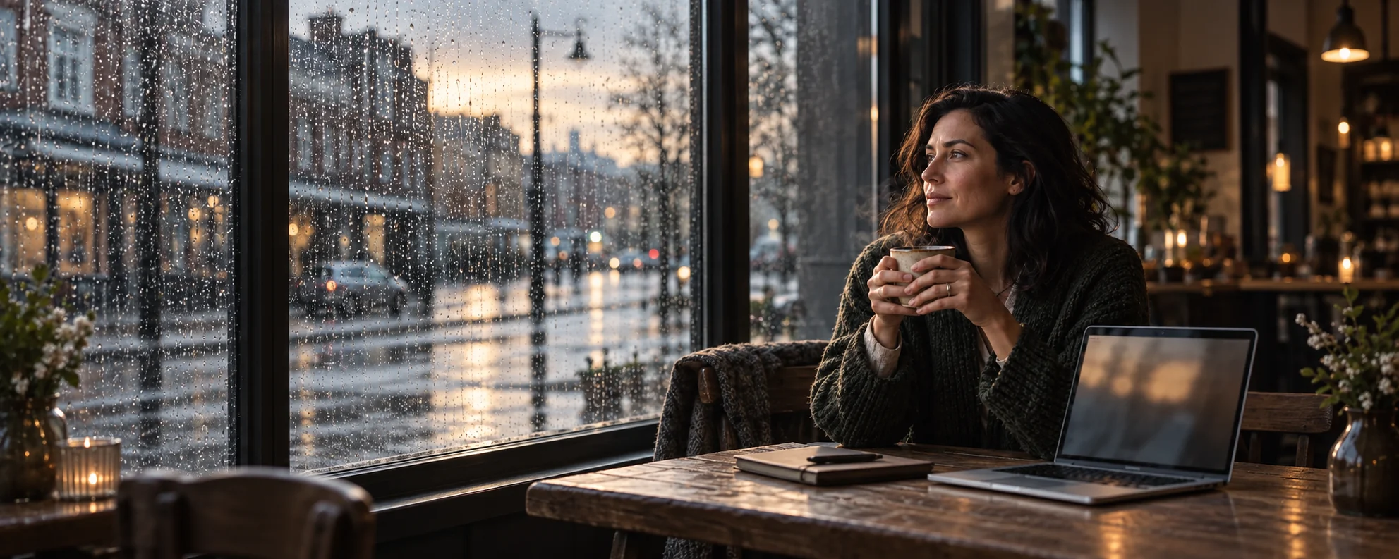 A product marketer pauses beside a rainy cafe window while research runs on a laptop.